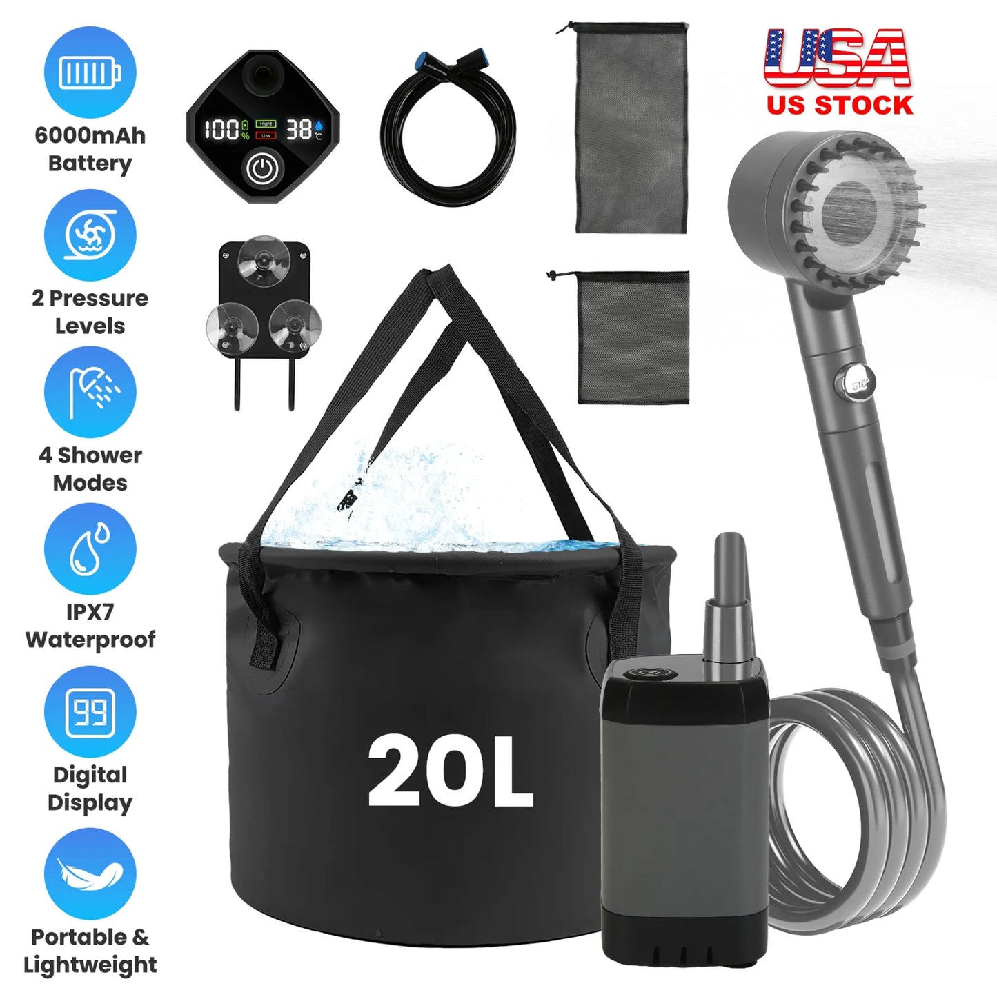 Portable Camping Shower Kit – 20L Bucket, 4 Water Modes, High/Low Pressure Pump