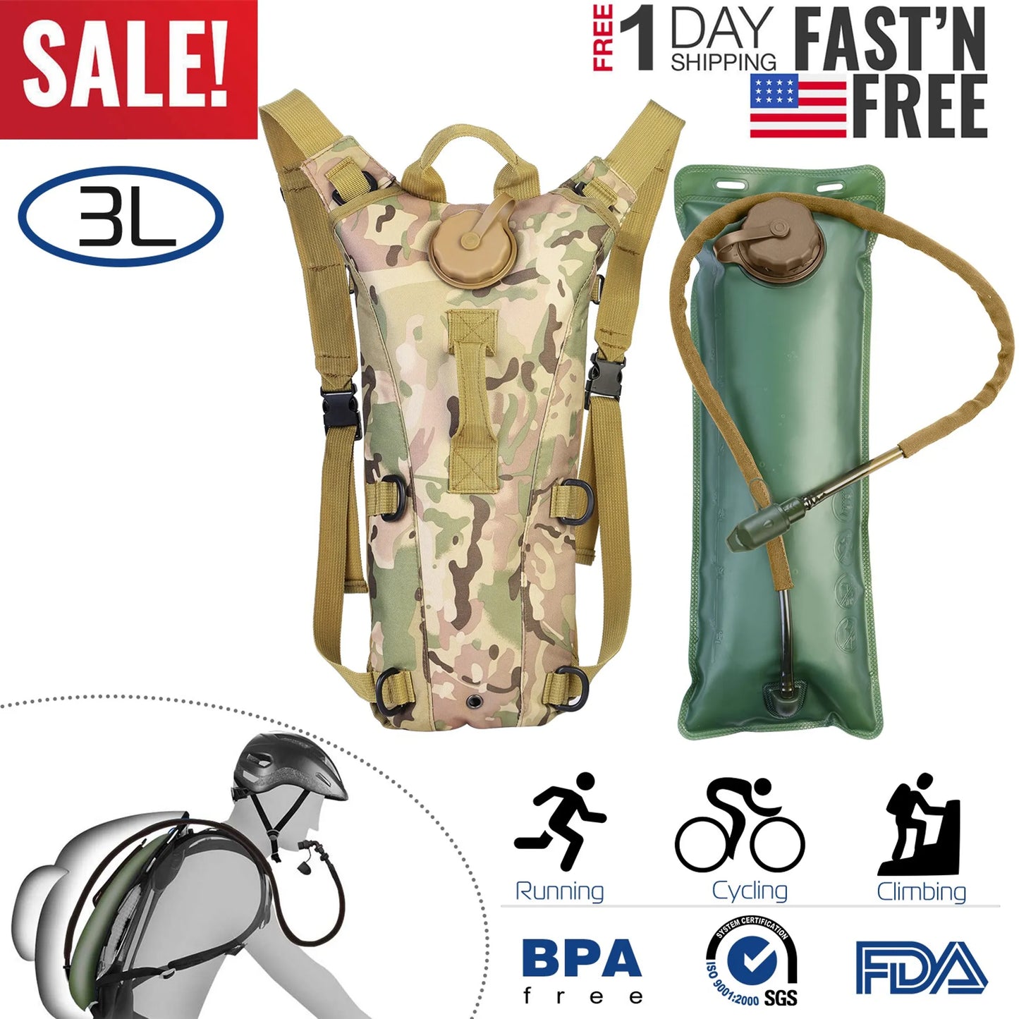 iMounTEK Tactical Hydration Pack – 3L Water Bladder | Hands-Free Hiking, Biking & Climbing
