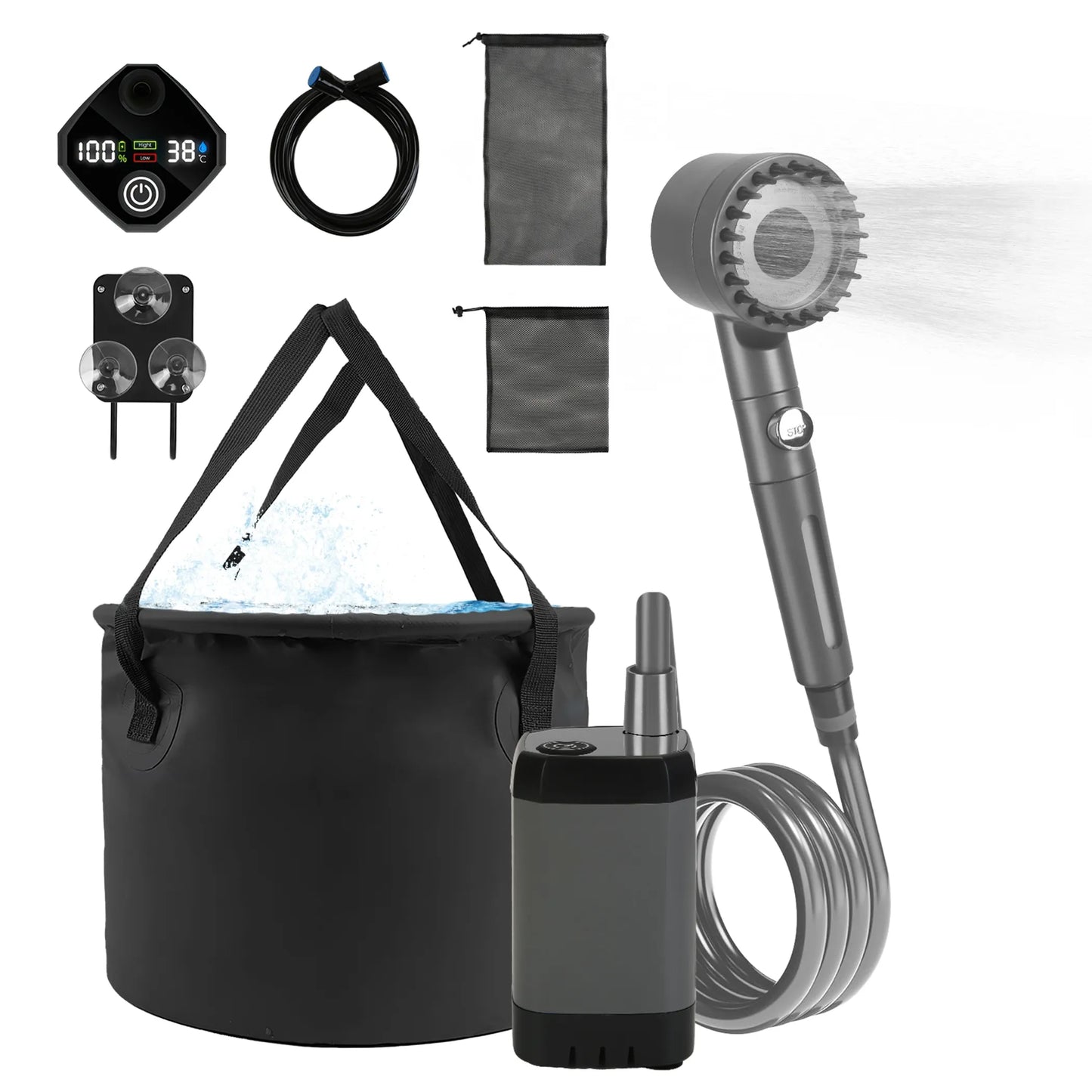 Portable Camping Shower Kit – 20L Bucket, 4 Water Modes, High/Low Pressure Pump