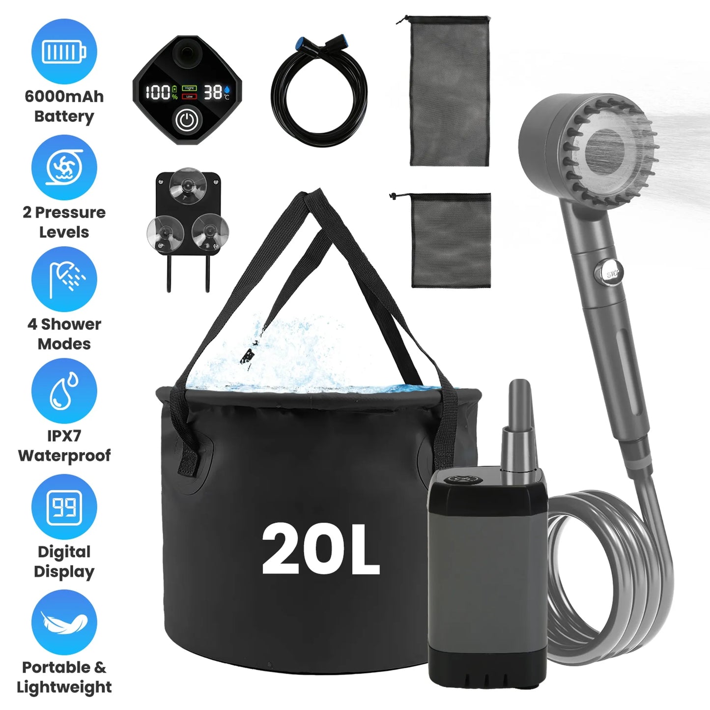 Portable Camping Shower Kit – 20L Bucket, 4 Water Modes, High/Low Pressure Pump