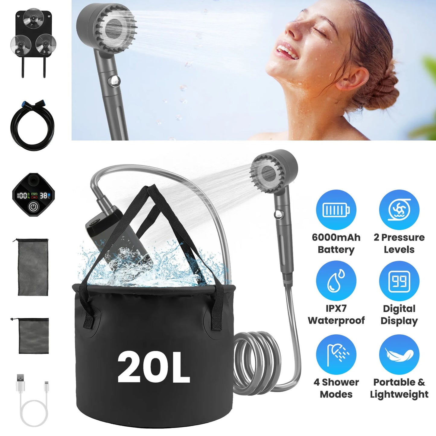 Portable Camping Shower Kit – 20L Bucket, 4 Water Modes, High/Low Pressure Pump