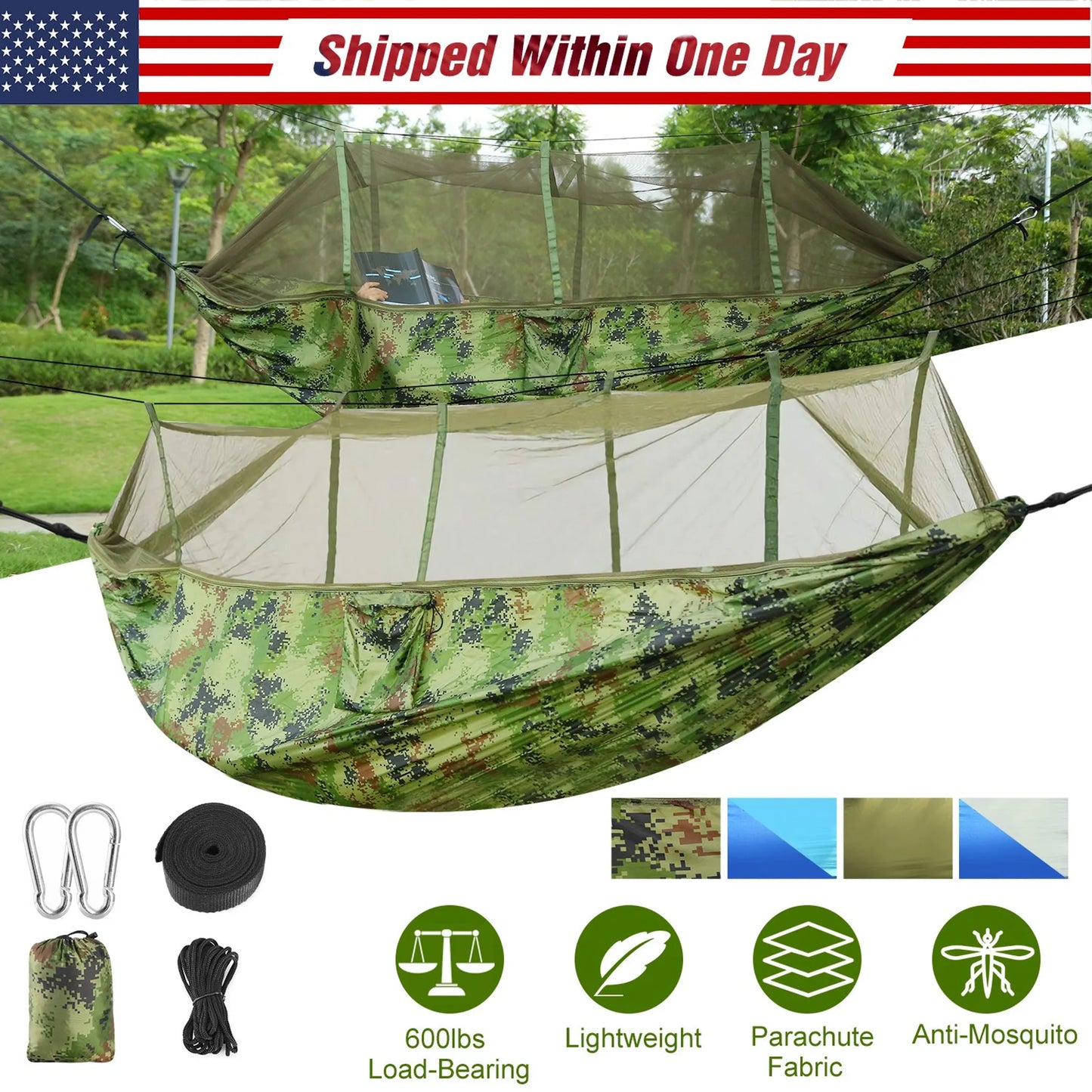Double Hammock – 600 lb Capacity, Portable Parachute Nylon | Camping, Backyard & Travel