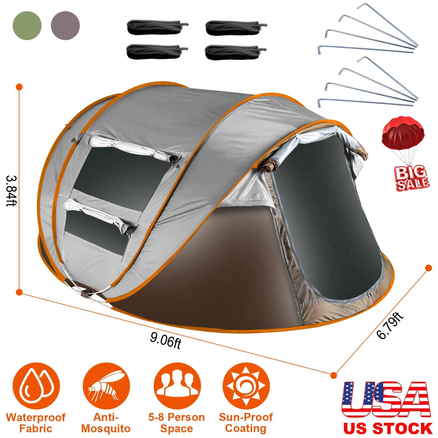 5-8 Person Pop-Up Camping Tent – Instant Automatic Setup, 4 Windows, Dual Doors