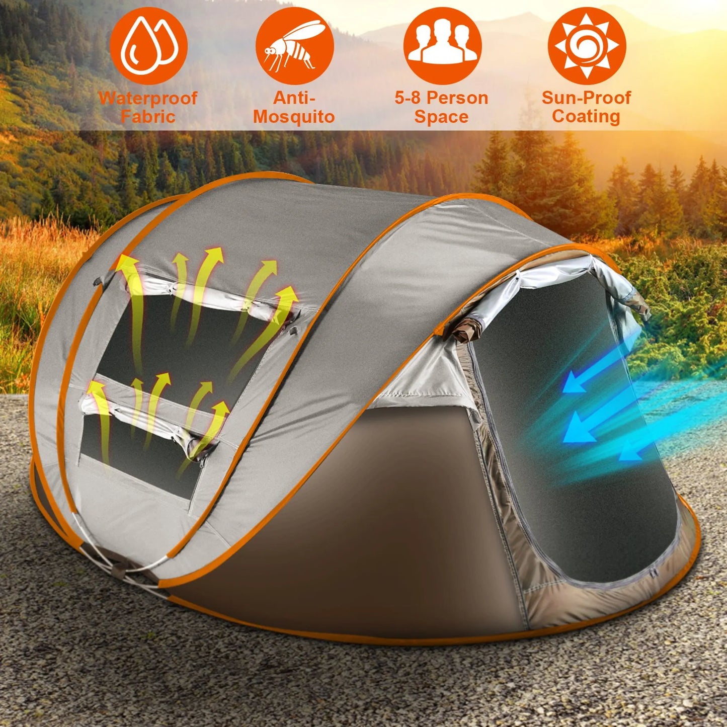 5-8 Person Pop-Up Camping Tent – Instant Automatic Setup, 4 Windows, Dual Doors