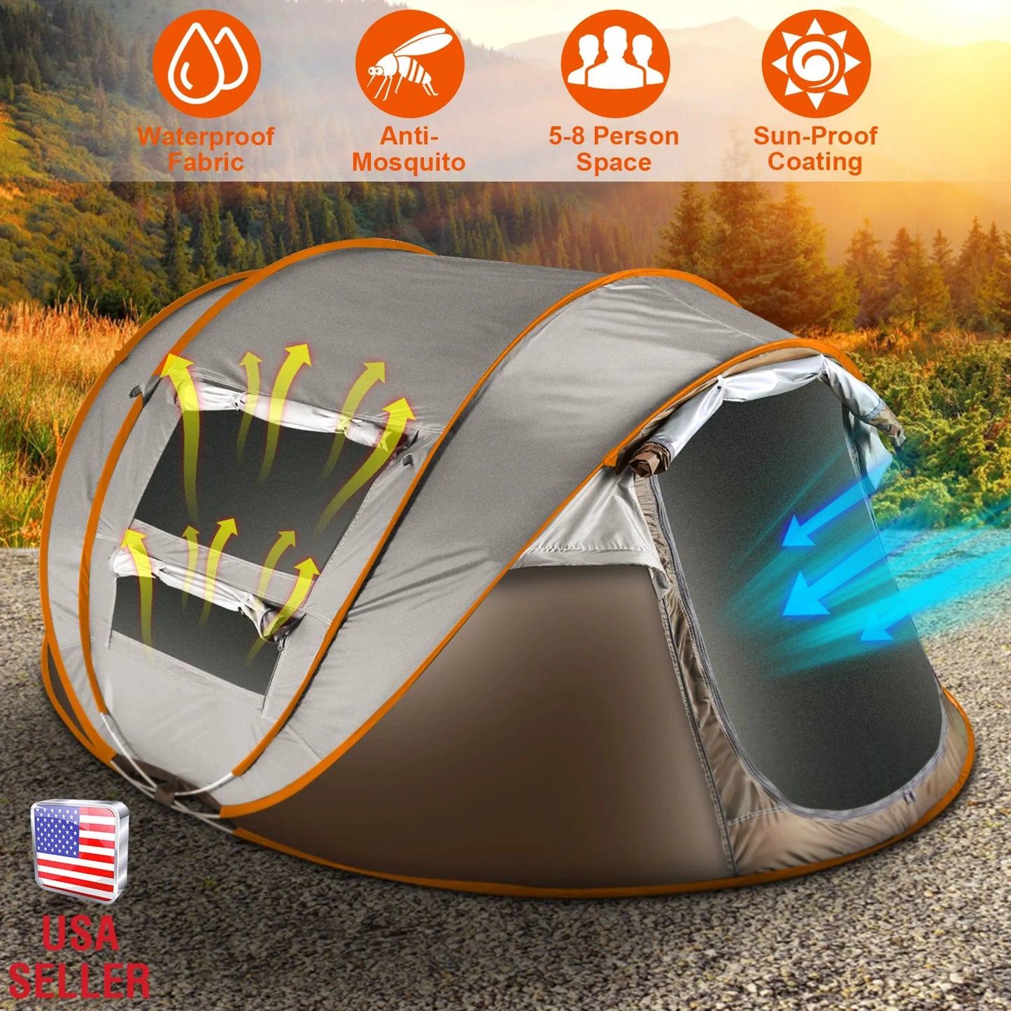 5-8 Person Pop-Up Camping Tent – Instant Automatic Setup, 4 Windows, Dual Doors