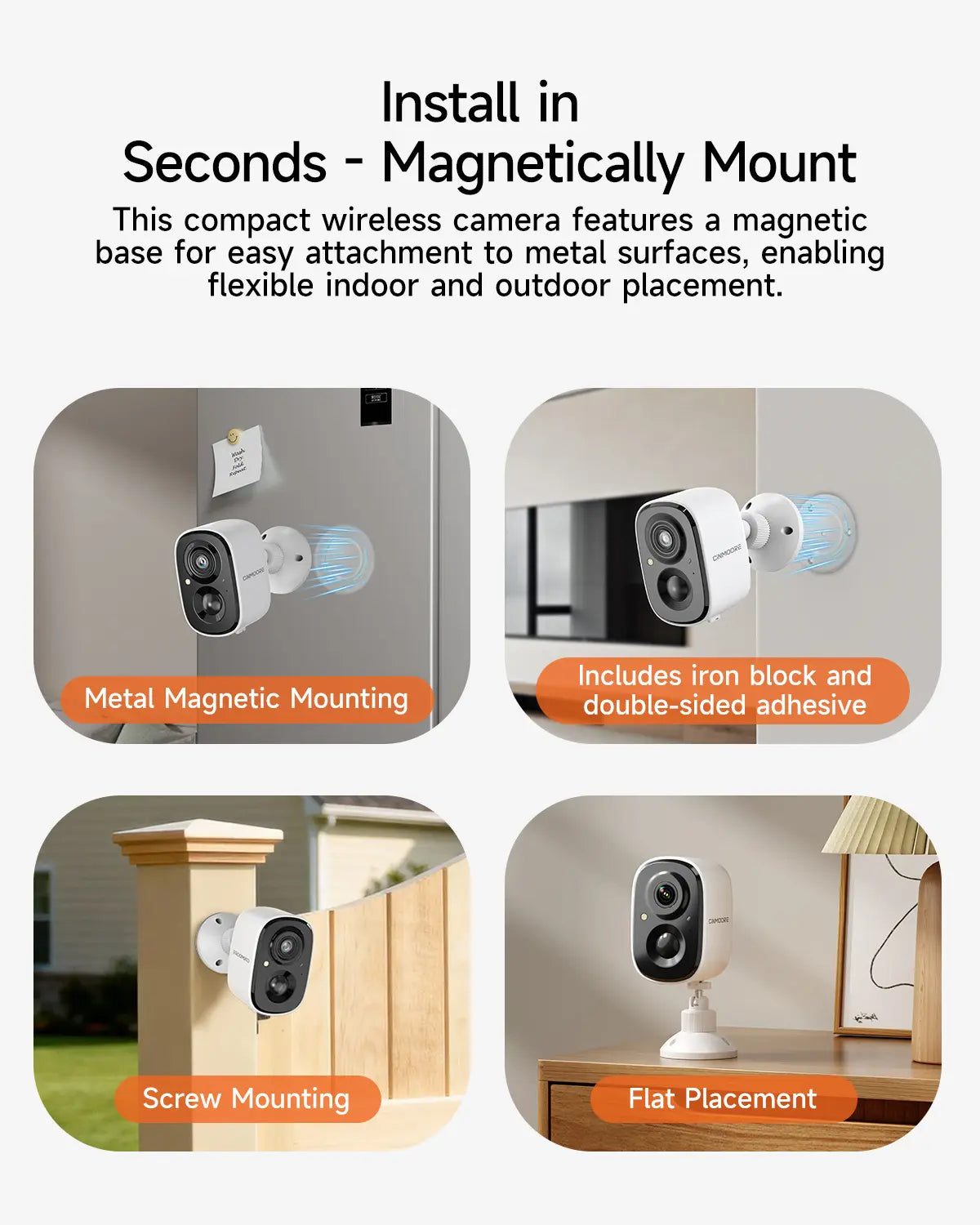 【2026 Big SALES】CINMOORE Outdoor/Indoor Magnetic Wireless Camera 2.5K Free Install Smart Garage 2.4G Wifi Security Camera – HD Video, Night Vision, Motion Detection, Magnetic, Wi-Fi, Two-Way Audio, Smartphone Control Lens
