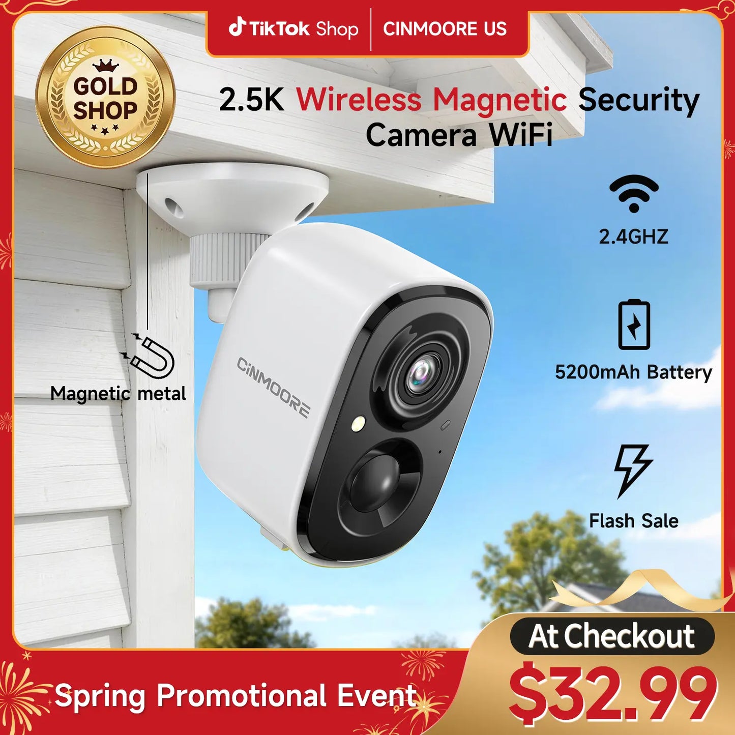 【2026 Big SALES】CINMOORE Outdoor/Indoor Magnetic Wireless Camera 2.5K Free Install Smart Garage 2.4G Wifi Security Camera – HD Video, Night Vision, Motion Detection, Magnetic, Wi-Fi, Two-Way Audio, Smartphone Control Lens